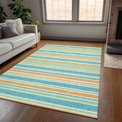 10' X 14' Teal Striped Washable Non Skid Indoor Outdoor Area Rug