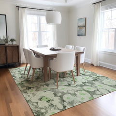 9' X 12' Artichoke Green Floral Washable Non Skid Indoor Outdoor Area Rug