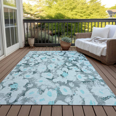 3' X 5' Teal Floral Washable Non Skid Indoor Outdoor Area Rug