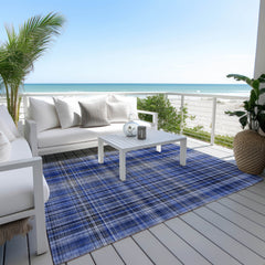 3' X 4' Navy Blue Plaid Washable Non Skid Indoor Outdoor Area Rug
