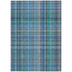 9' X 12' Teal Plaid Washable Non Skid Indoor Outdoor Area Rug
