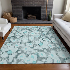 5' X 8' Teal Floral Washable Non Skid Indoor Outdoor Area Rug