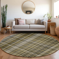 8' Round Taupe Round Plaid Washable Non Skid Indoor Outdoor Area Rug