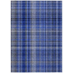 9' X 12' Navy Blue Plaid Washable Non Skid Indoor Outdoor Area Rug