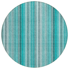 8' Round Teal and Gray Round Striped Washable Non Skid Indoor Outdoor Area Rug