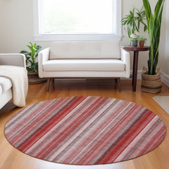 8' Round Gray Pink and Red Round Striped Washable Non Skid Indoor Outdoor Area Rug