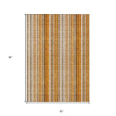 5' X 8' Orange Ivory and Gray Striped Washable Non Skid Indoor Outdoor Area Rug