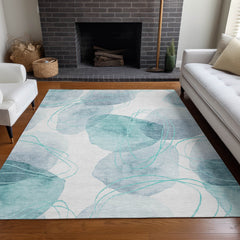 3' X 4' Teal and Ivory Abstract Washable Non Skid Indoor Outdoor Area Rug