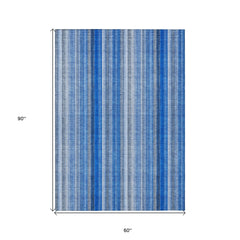 5' X 8' Blue Striped Washable Non Skid Indoor Outdoor Area Rug