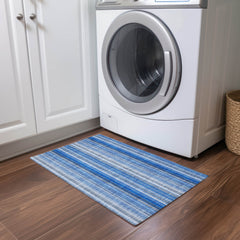 2' X 3' Blue Striped Washable Non Skid Indoor Outdoor Area Rug