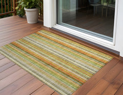 3' X 4' Tan Orange and Green Striped Washable Non Skid Indoor Outdoor Area Rug