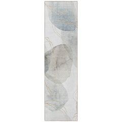 8' Runner Ivory Blue and Gray Abstract Washable Non Skid Indoor Outdoor Runner Rug
