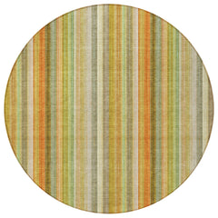 8' Round Tan Orange and Green Round Striped Washable Non Skid Indoor Outdoor Area Rug