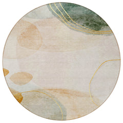 8' Round Beige and Green Round Abstract Washable Non Skid Indoor Outdoor Area Rug
