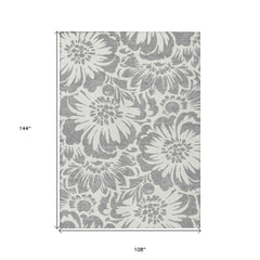 9' X 12' Gray and Ivory Floral Washable Non Skid Indoor Outdoor Area Rug