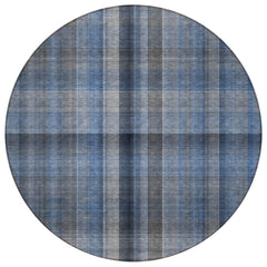 8' Round Blue Round Plaid Washable Non Skid Indoor Outdoor Area Rug