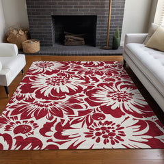 5' X 8' Burgundy and White Floral Washable Non Skid Indoor Outdoor Area Rug