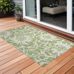 2' X 3' Green and Ivory Floral Washable Non Skid Indoor Outdoor Area Rug