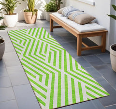 8' Runner Lime Green and White Geometric Washable Non Skid Indoor Outdoor Runner Rug