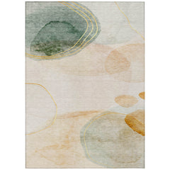 3' X 5' Beige and Green Abstract Washable Non Skid Indoor Outdoor Area Rug