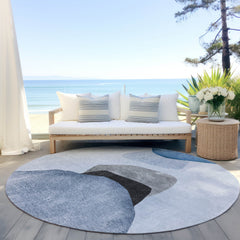 8' Round Blue Gray and Black Round Abstract Washable Non Skid Indoor Outdoor Area Rug