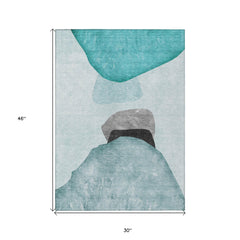 3' X 4' Ivory Teal and Gray Abstract Washable Non Skid Indoor Outdoor Area Rug