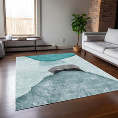 3' X 5' Ivory Teal and Gray Abstract Washable Non Skid Indoor Outdoor Area Rug