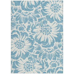 9' X 12' Denim and Ivory Floral Washable Non Skid Indoor Outdoor Area Rug