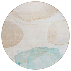 8' Round Beige and Blue Round Abstract Washable Non Skid Indoor Outdoor Area Rug