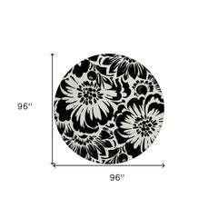 8' Round Black and Ivory Round Floral Washable Non Skid Indoor Outdoor Area Rug