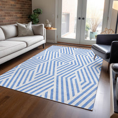 5' X 8' Blue and Ivory Geometric Washable Non Skid Indoor Outdoor Area Rug