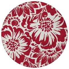 8' Round Burgundy and White Round Floral Washable Non Skid Indoor Outdoor Area Rug