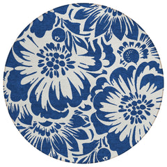 8' Round Navy and Ivory Round Floral Washable Non Skid Indoor Outdoor Area Rug