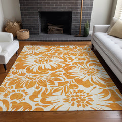 10' X 14' Orange and White Floral Washable Non Skid Indoor Outdoor Area Rug