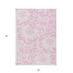 3' X 5' Pink and Ivory Floral Washable Non Skid Indoor Outdoor Area Rug