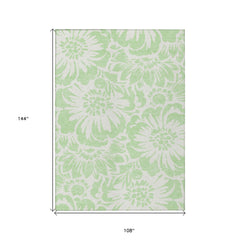 9' X 12' Mint Green and Ivory Floral Washable Non Skid Indoor Outdoor Area Rug