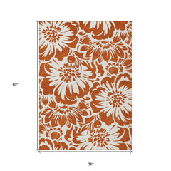 3' X 5' Rust and Ivory Floral Washable Non Skid Indoor Outdoor Area Rug