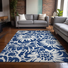 9' X 12' Navy and Ivory Floral Washable Non Skid Indoor Outdoor Area Rug