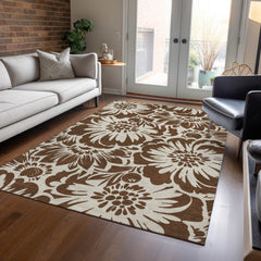 8' X 10' Brown and Ivory Floral Washable Non Skid Indoor Outdoor Area Rug