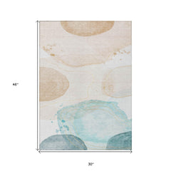 3' X 4' Beige and Blue Abstract Washable Non Skid Indoor Outdoor Area Rug