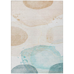 9' X 12' Beige and Blue Abstract Washable Non Skid Indoor Outdoor Area Rug