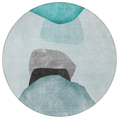 8' Round Ivory Teal and Gray Round Abstract Washable Non Skid Indoor Outdoor Area Rug