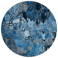 8' Round Blue and Gray Round Floral Washable Non Skid Indoor Outdoor Area Rug