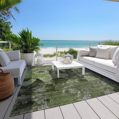 10' X 14' Green and Gray Floral Washable Non Skid Indoor Outdoor Area Rug