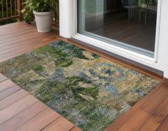 3' X 4' Taupe Blue and Green Floral Washable Non Skid Indoor Outdoor Area Rug