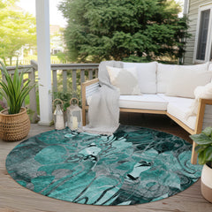 8' Round Teal Black and Gray Round Floral Washable Non Skid Indoor Outdoor Area Rug