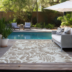 8' X 10' Taupe and Ivory Floral Washable Non Skid Indoor Outdoor Area Rug