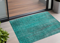 2' X 3' Teal Striped Washable Non Skid Indoor Outdoor Area Rug