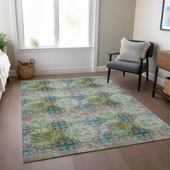10' X 14' Blue and Green Floral Medallion Washable Non Skid Indoor Outdoor Area Rug