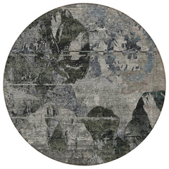 8' Round Gray Dark Green and Black Round Floral Washable Non Skid Indoor Outdoor Area Rug